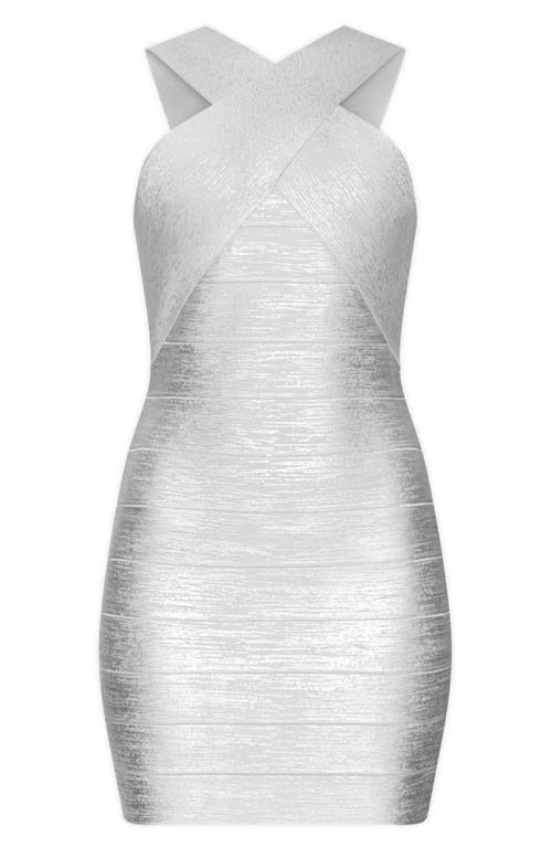 Herve Leger Foiled Crisscross Bandage Mini Dress In Silver Foil