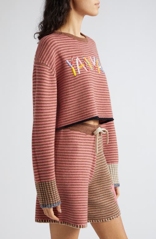 Shop Yanyan Embroidered Logo Stripe Crop Wool Sweater In Rose/mink/hazelnut