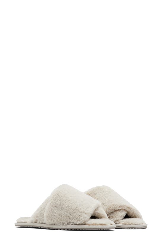 Sorel Go Mail Run Faux Fur Slide Slipper In Dove/ Sea Salt