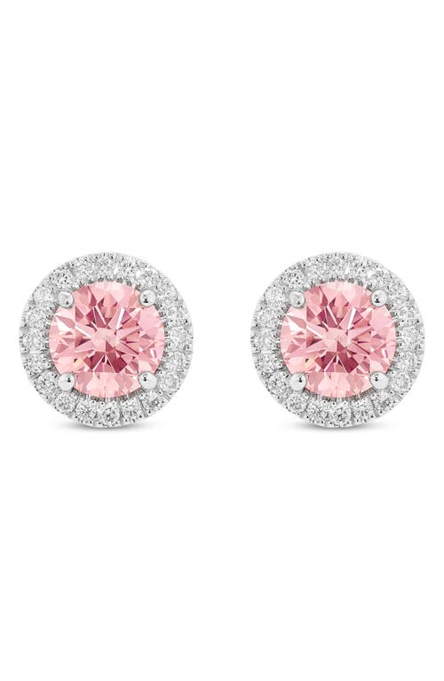 2-Carat Lab Grown Diamond Halo Stud Earrings in Pink/14K White Gold