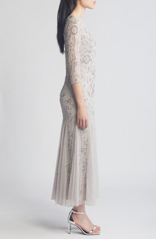 Pisarro Nights Floral Beaded Chiffon Gown In Silver 040