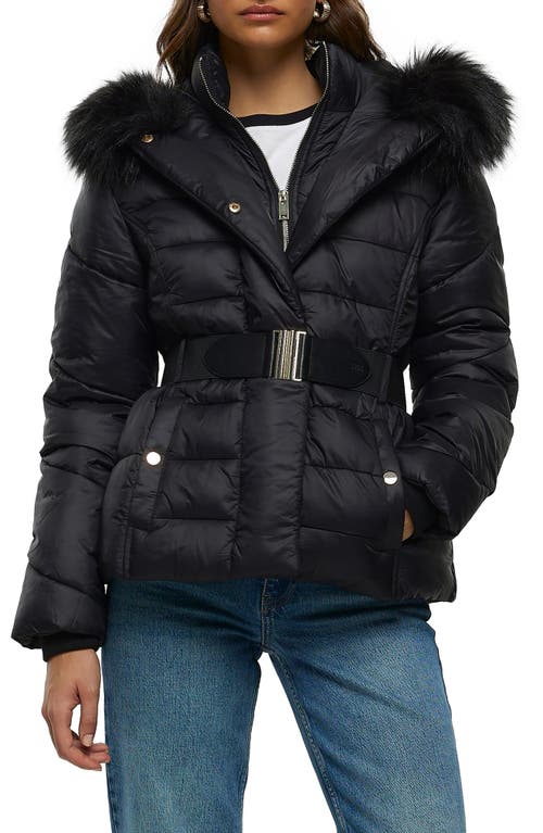 Belted Faux Fur Trim Hooded Puffer Jacket in Black
