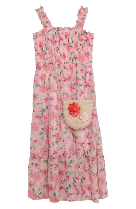 Shop Speechless Kids' Sleeveless Chiffon Maxi Dress With Crossbody Bag In Blush/ Coral