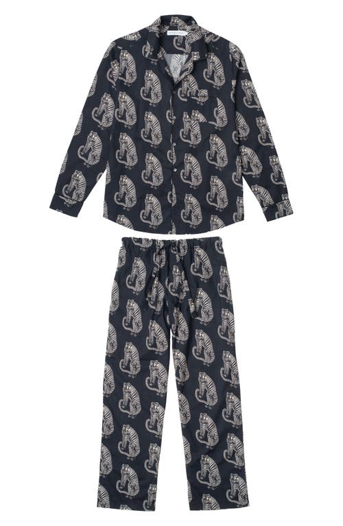 Desmond & Dempsey Tiger Print Long Sleeve Cotton Pajamas In Black/cream