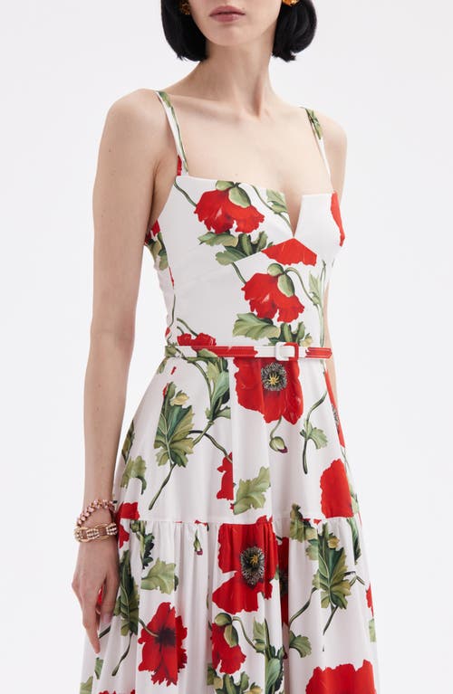 Shop Oscar De La Renta Poppy Print Belted Tiered Stretch Cotton Dress In White/red