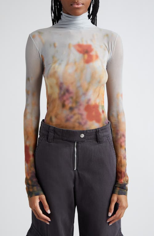 Acne Studios Denise Meadow Print Mesh Top In Grey/multi