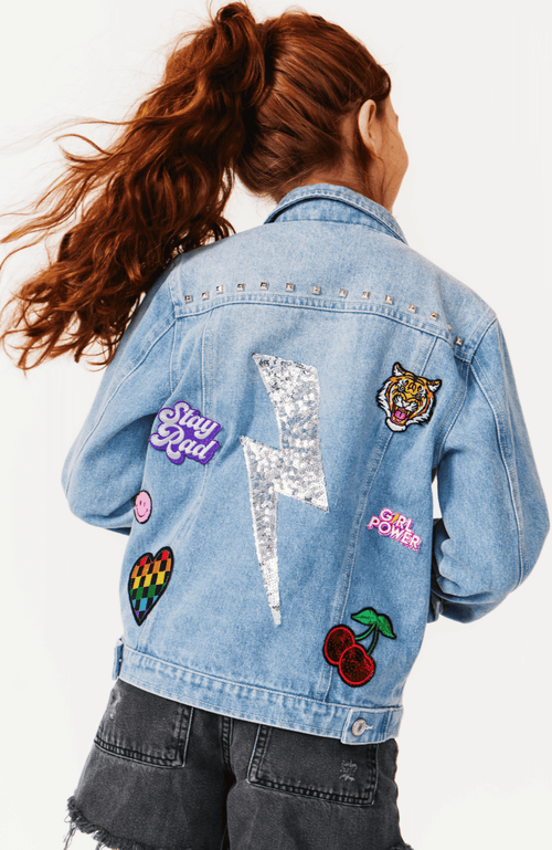 Little Chicken Girls' Jeweled Patched Denim Jacket, Little Kid, Big Kid In Light Denim