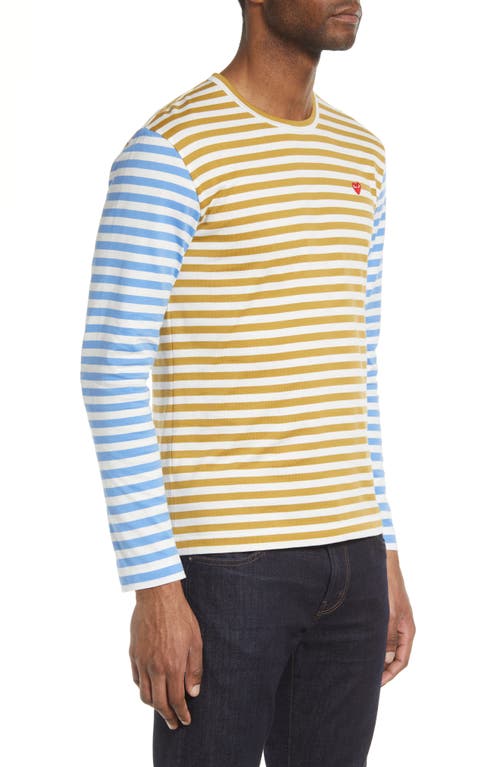 Shop Comme Des Garçons Play Small Heart Stripe Colorblock Long Sleeve T-shirt In Olive/blue