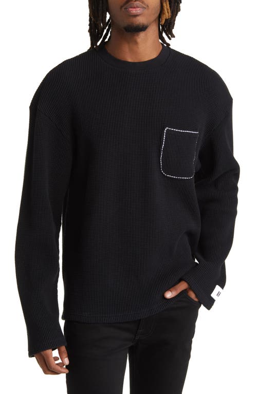 Thermal Knit Long Sleeve Cotton Pocket T-Shirt in Black