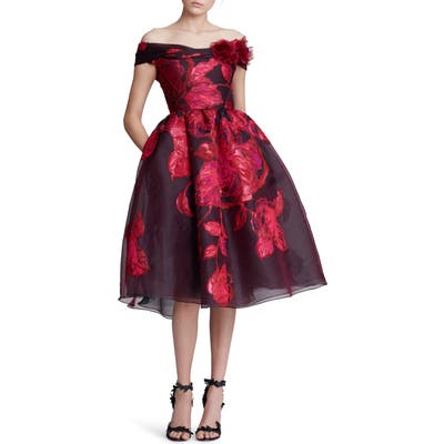 Marchesa Off The Shoulder Floral Embroidered Cocktail Dress, Burgundy