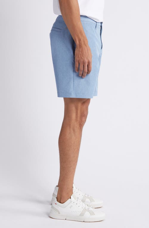 Shop Zella 7-inch Flat Front Stretch Chambray Shorts In Blue Coronet