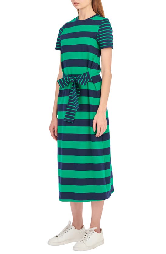 Shop English Factory Stripe Tie Front Midi T-shirt Dress In Navy/ Green