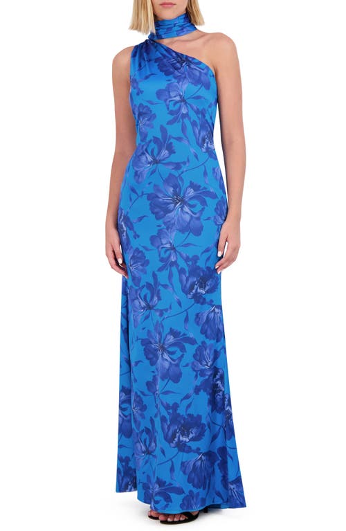 Floral Mock Neck One-Shoulder Gown in Cobalt Multi