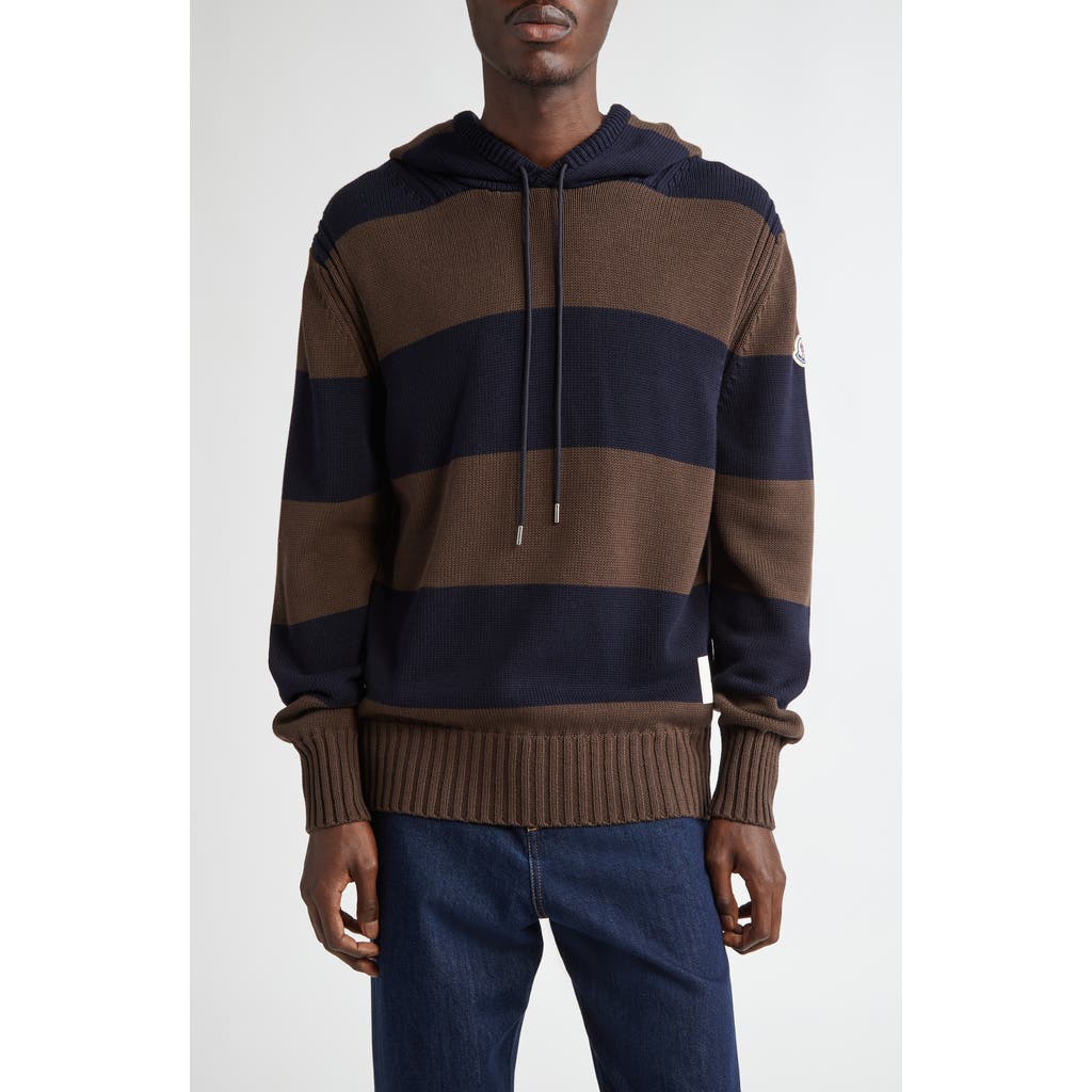 Shop Moncler Stripe Logo Knit Cotton Hoodie In Blue/brown