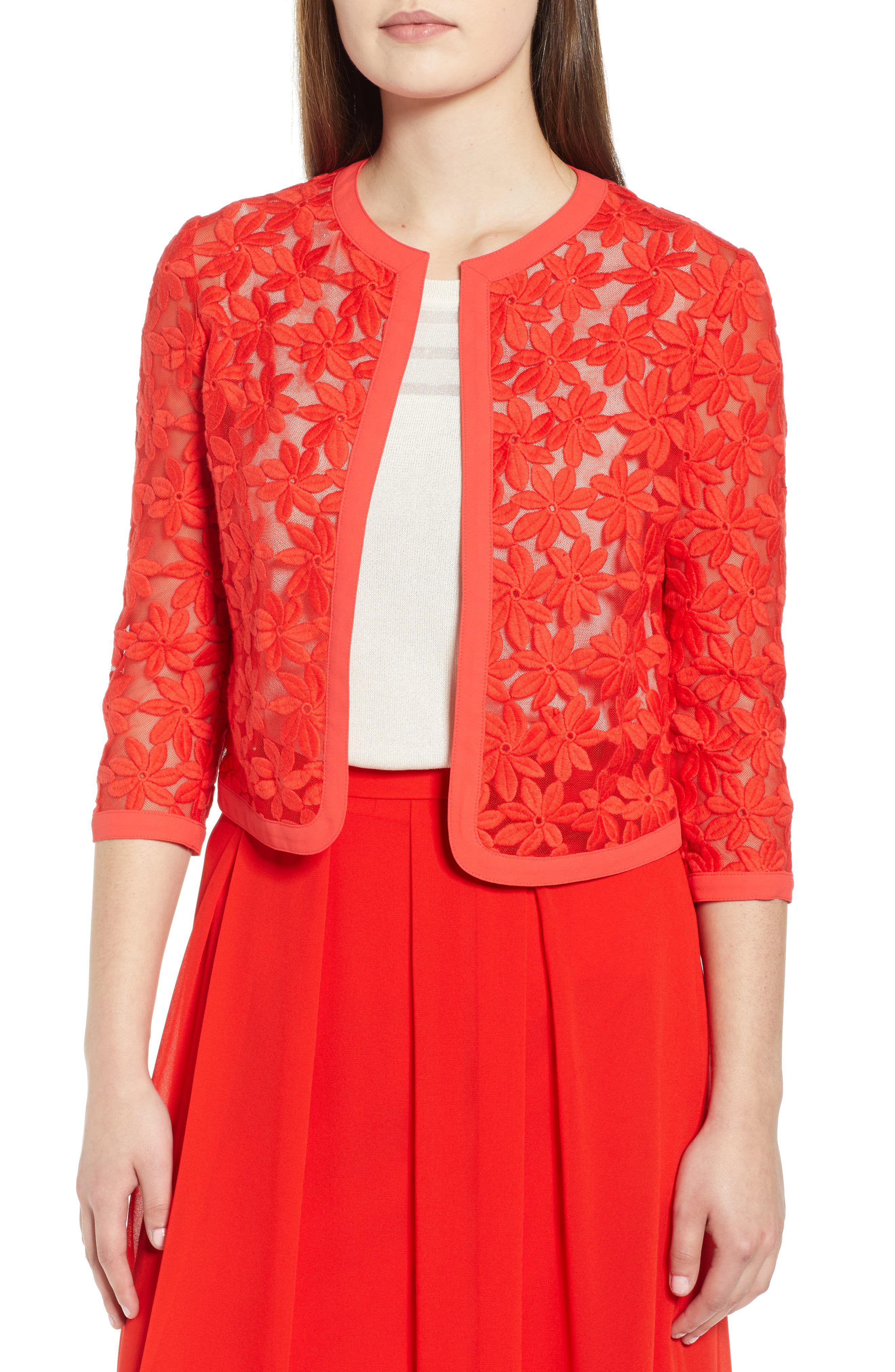 Anne Klein Broderie Lace Cardigan, Red