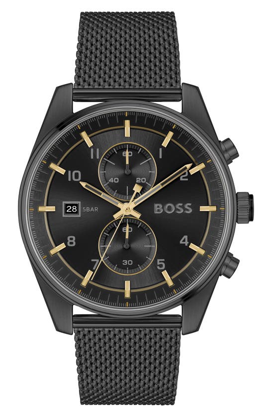 Hugo Boss Skytraveller Chronograph Mesh Strap Watch, 44mm In Black