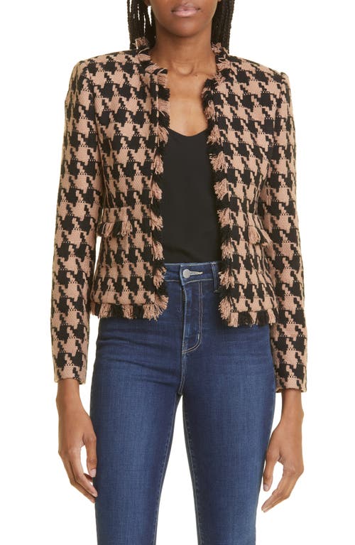 L'AGENCE Angelina Houndstooth Open Front Blazer in Cappuccino Black