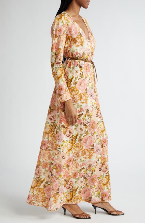 Shop Zimmermann Golden Floral Print Long Sleeve Linen Maxi Dress In Pink Rose