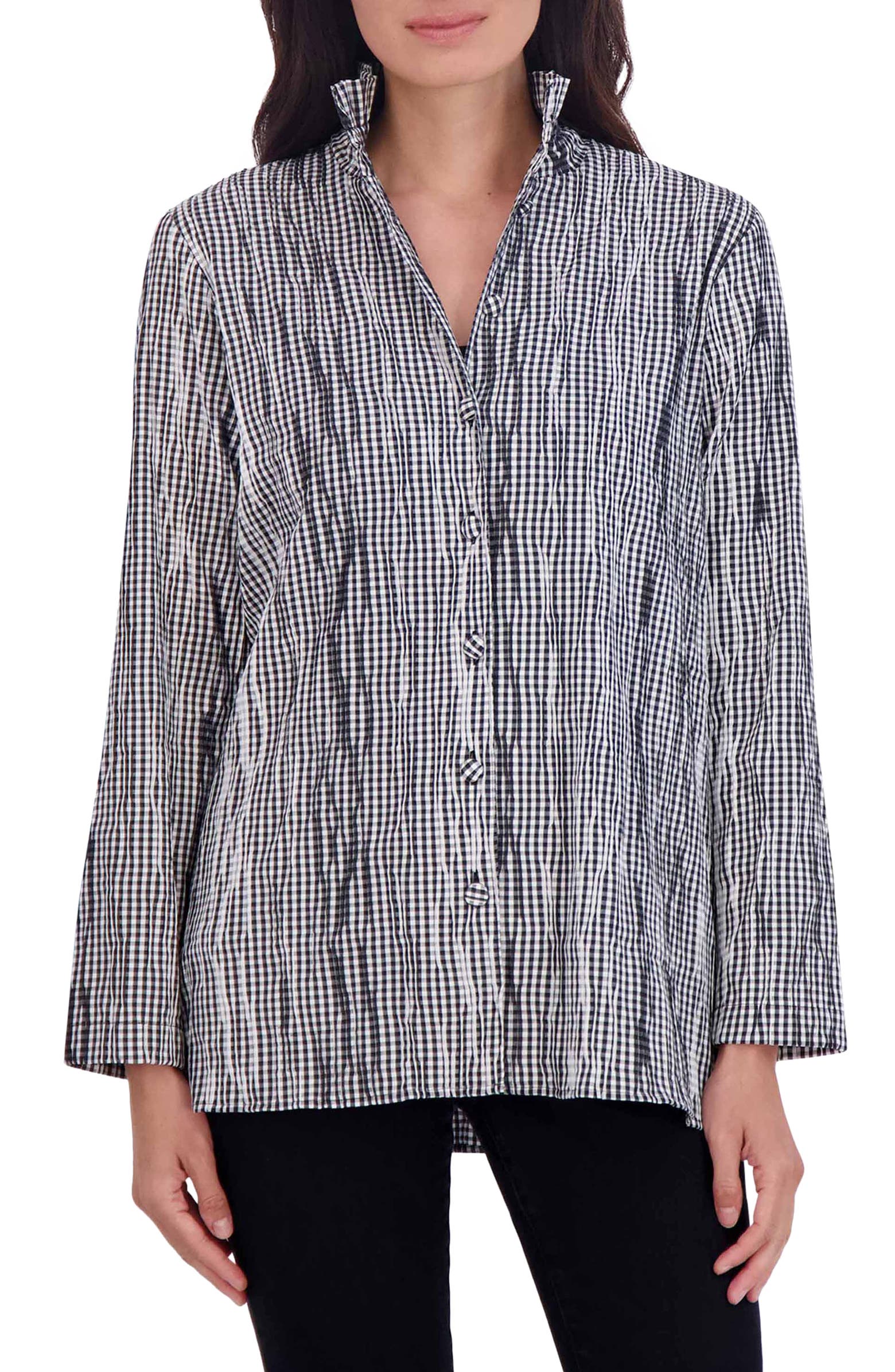 Foxcroft Carolina Crinkled Gingham Cotton Blend Shirt Jacket | Nordstrom