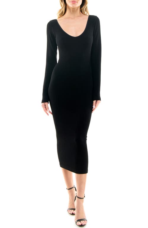 Long Sleeve V-Neck Rib Dress in Black