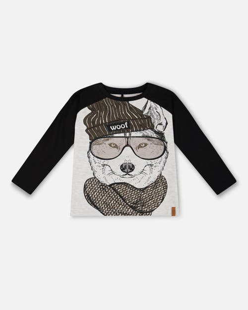 DEUX PAR DEUX DEUX PAR DEUX LITTLE BOY'S RAGLAN T-SHIRT WITH PRINT GRAY MIX AND BLACK