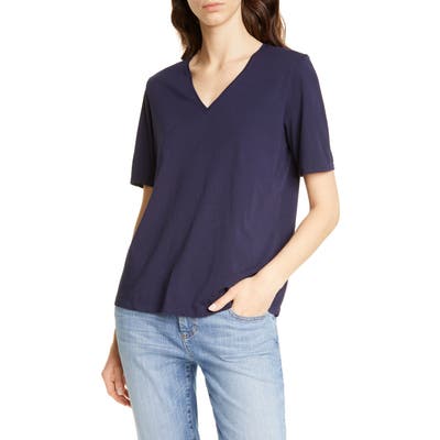 Petite Eileen Fisher V-Neck Organic Cotton Tee, Blue