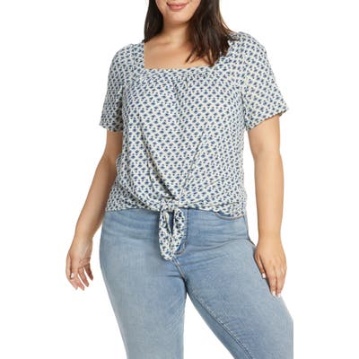 Plus Size Lucky Brand Print Tie Front Top, Blue
