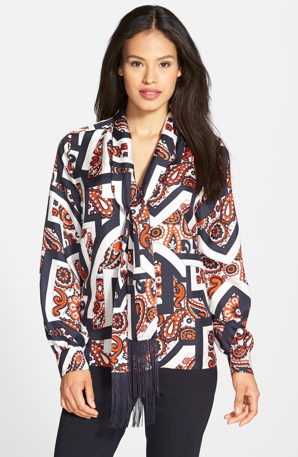 Pink Tartan 'Temple' Print Tie Neck Silk Blouse | Nordstrom