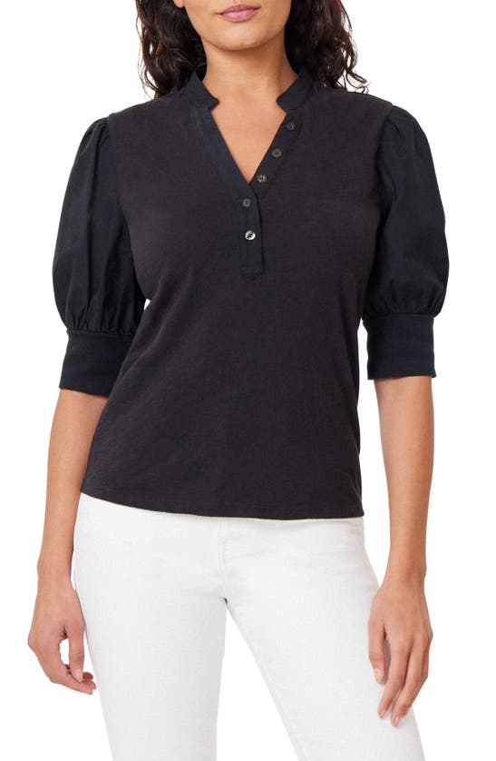 Habitual Puff Sleeve Cotton Henley In Black