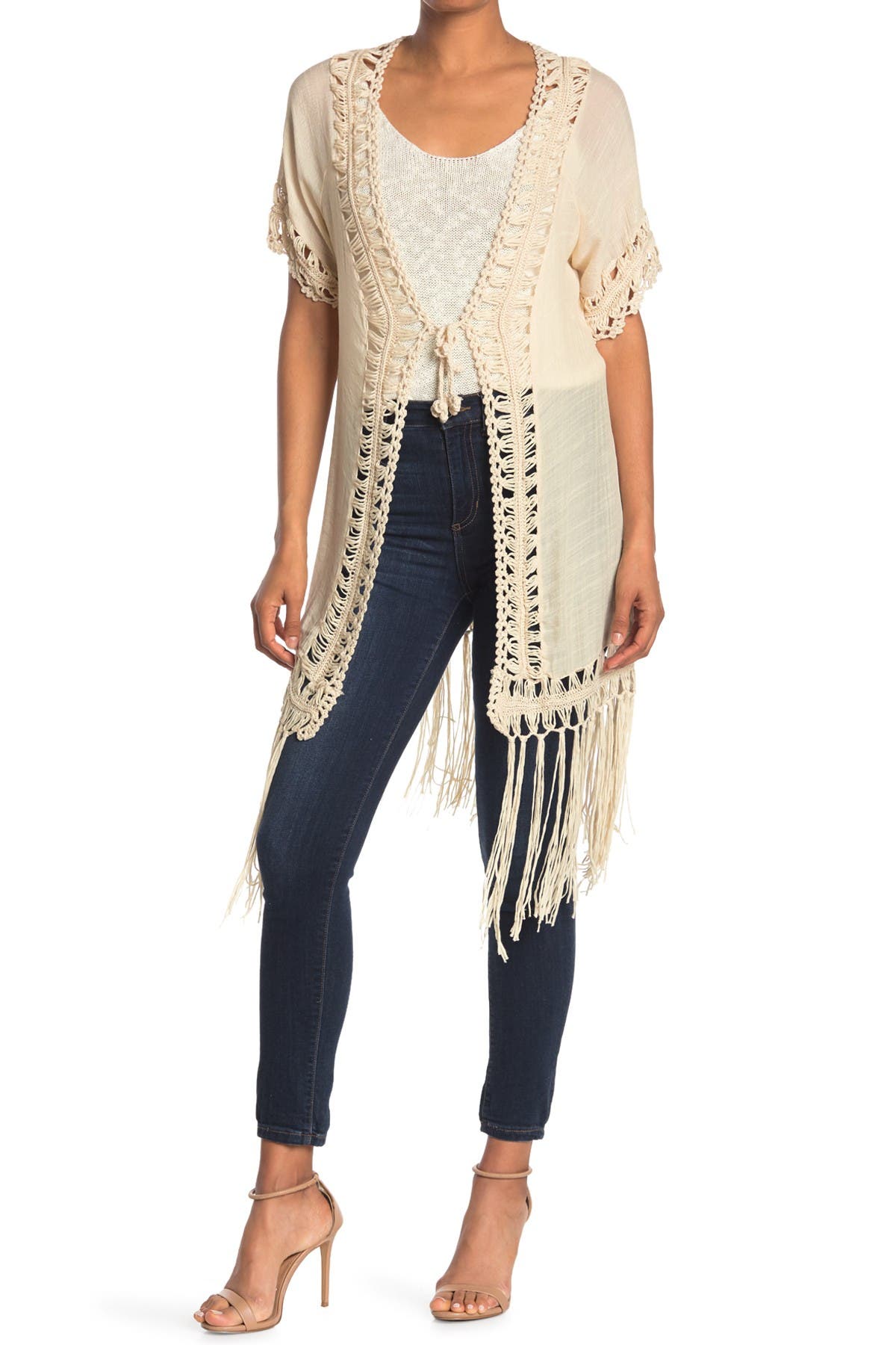 Forgotten Grace Mixed Media Fringe Trim Kimono In Brown Overflow