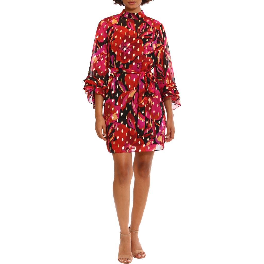 Shop Donna Morgan For Maggy Floral Ruffle Flare Sleeve Dress In Black/red