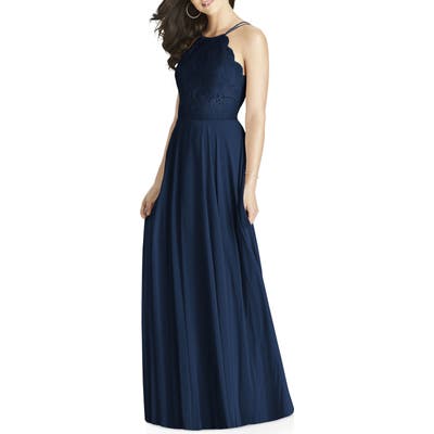 Dessy Collection Lace & Chiffon Halter Gown, Blue