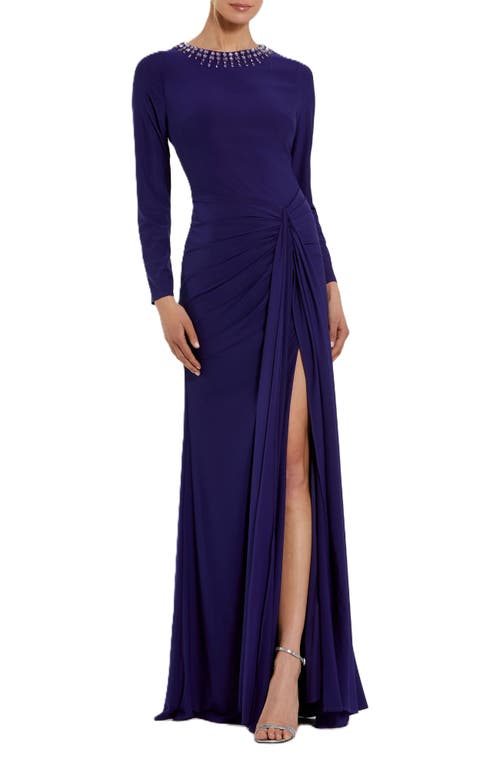 MAC DUGGAL MAC DUGGAL LONG SLEEVE JERSEY RUCHED GOWN WITH BEADED NECK