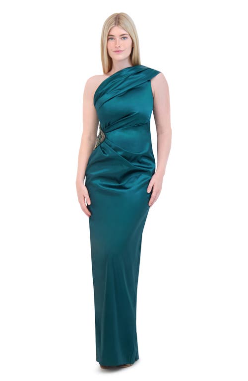 Shop Eliza J Embellished One-shoulder Satin Gown In Hun