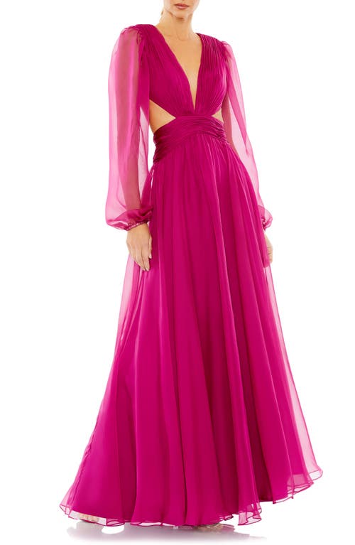 Ieena for Mac Duggal Ruched Cutout Sheer Long Sleeve Gown Berry at Nordstrom,