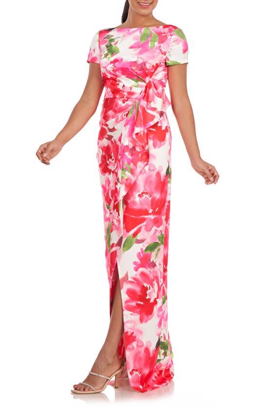 Kay Unger Spring Watercolorprint Ruffle Column Gown In Hibiscus ModeSens