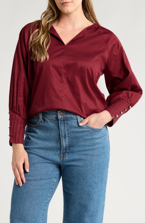 Shop Harshman Cerys Split Neck Pleated Cuff Cotton Top In Burgundy