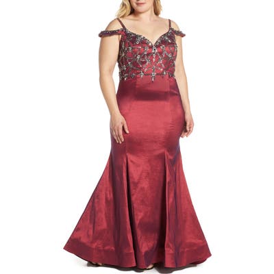 Plus Size MAC Duggal Jeweled Bodice Satin Mermaid Gown, Red