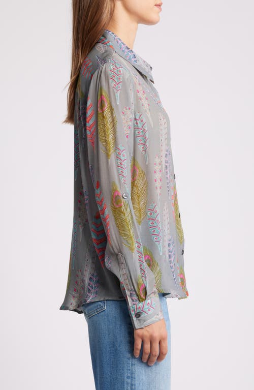 Shop Apny Feather Print Button-up Shirt In Grey Multi