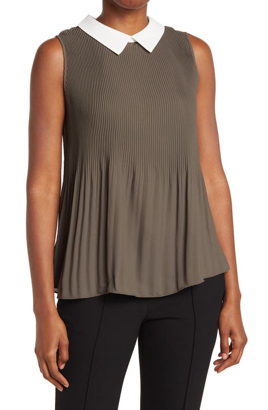 Adrianna Papell Collared Pleated Sleeveless Blouse In Fatigue