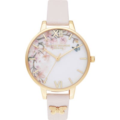 Olivia Burton Pretty Blossom Leather Strap Watch,