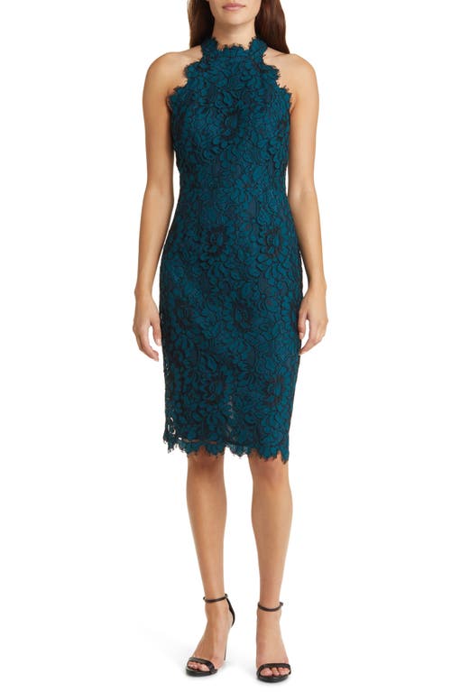 Eliza J Mock Neck Lace Sheath Dress in Teal Smart Closet