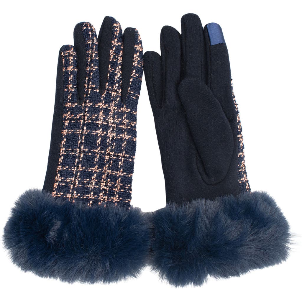Marcus Adler Faux Fur Trim Tweed Touchscreen Gloves In Navy