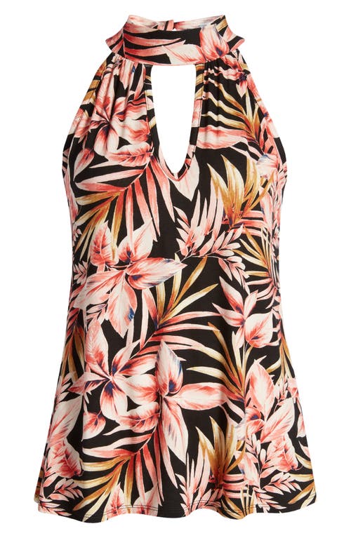 Shop Loveappella Palm Print Cutout Mock Neck Halter Top In Black/marsala