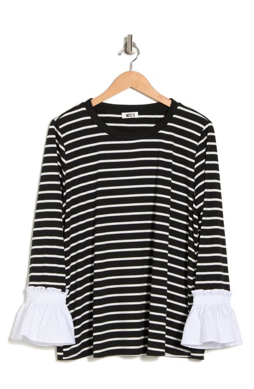 Shop West Kei Stripe Ruffle Cuff Long Sleeve T-shirt In Black/white