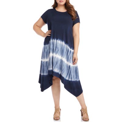 Plus Size Karen Kane Tie Dye Handkerchief Hem Dress, Blue