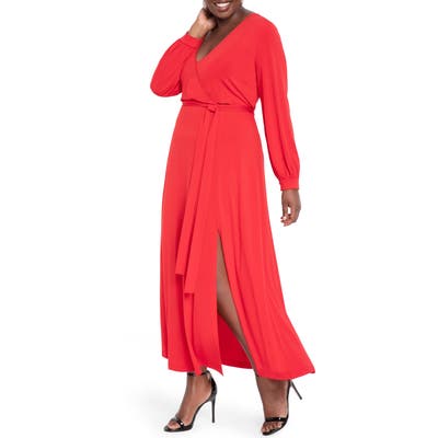 Plus Size Eloquii Wrap Front Long Sleeve Matte Jersey Maxi Dress, Red
