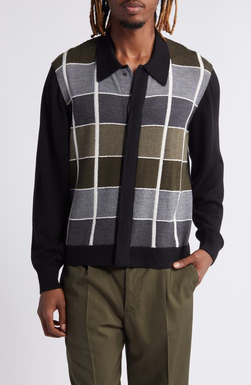 Shop Officine Generale Officine Générale Brennan Check Collared Wool Cardigan In Black/grey/olive