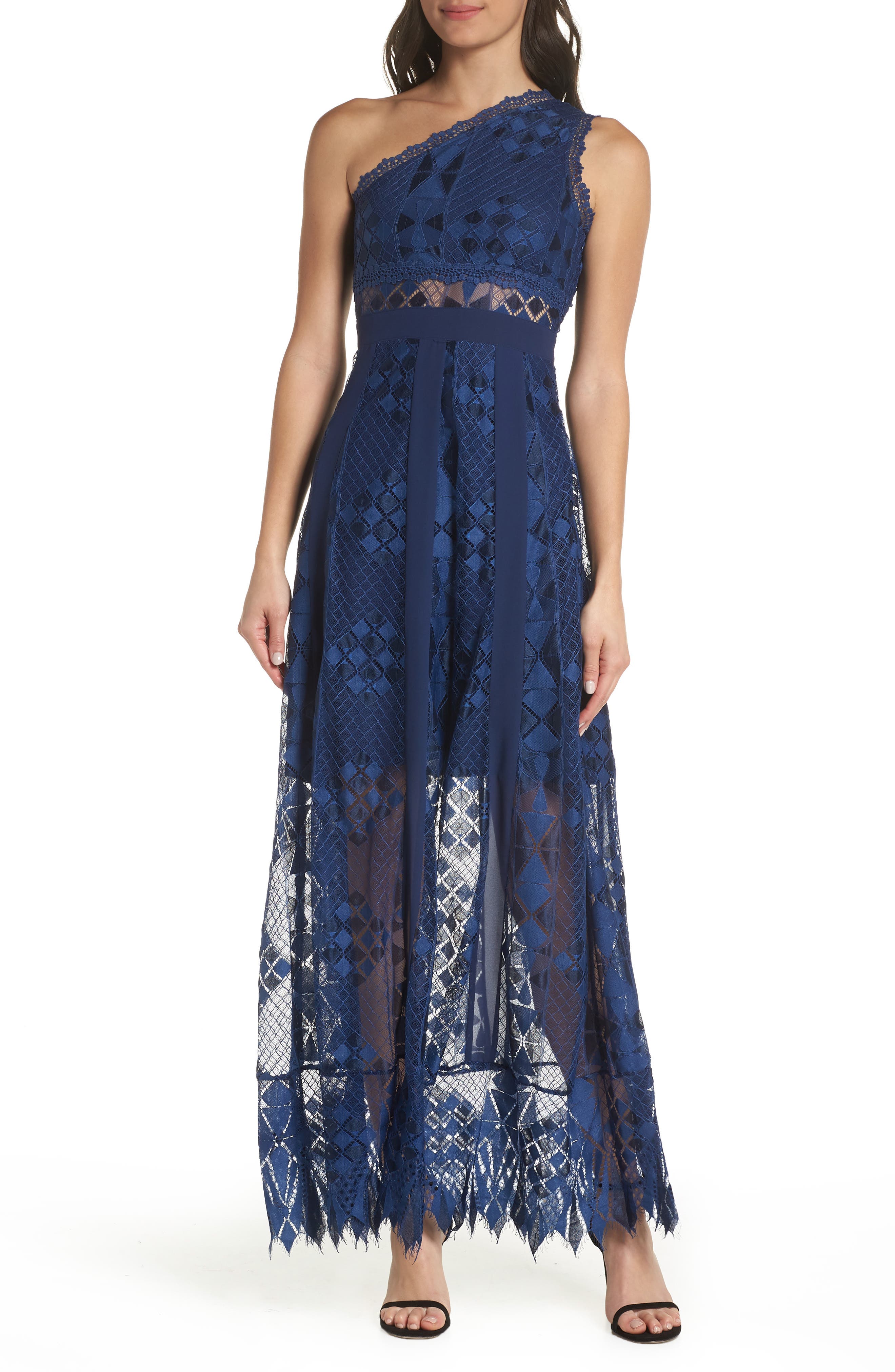 Foxiedox Juliet One-Shoulder Lace Gown, Blue