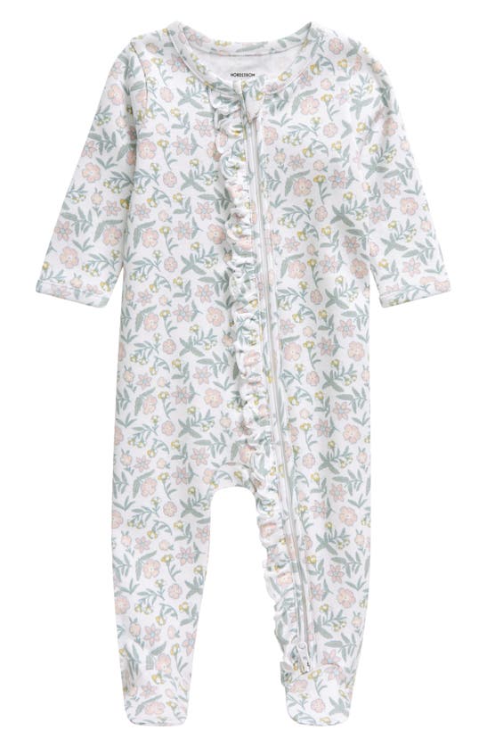 Shop Nordstrom Floral Ruffle Zip-up Cotton Footie In White- Pink Summertime Floral
